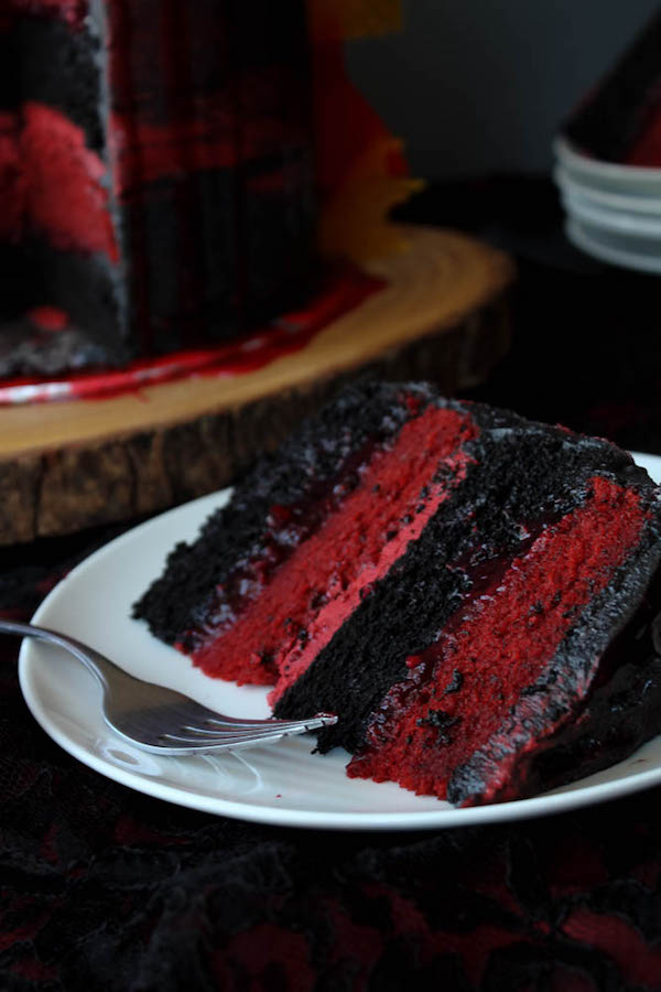 Red and Black Layer Cake with raspberry-strawberry filling