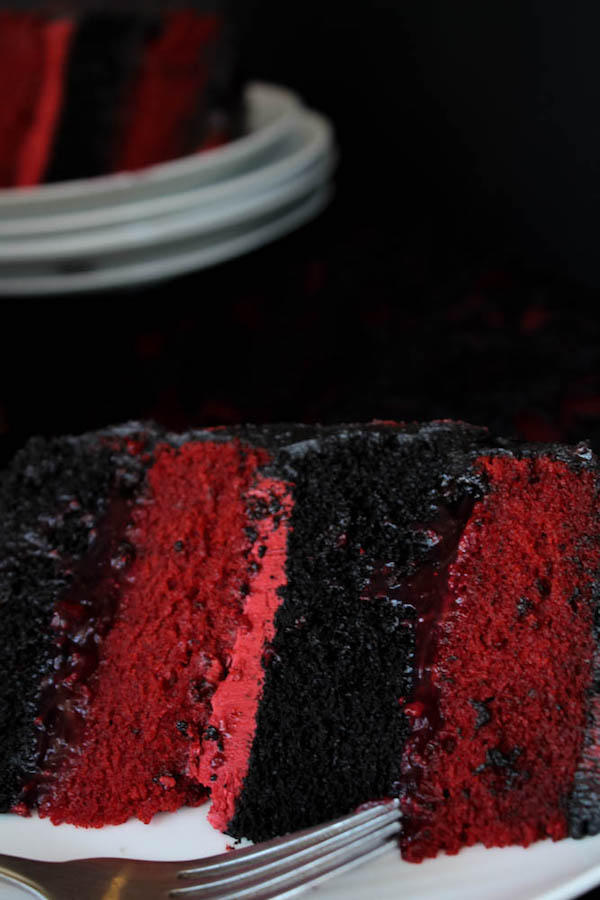 Red Velvet and Dark Chocolate Layer Cake with Homemade Strawberry-Raspberry Filling