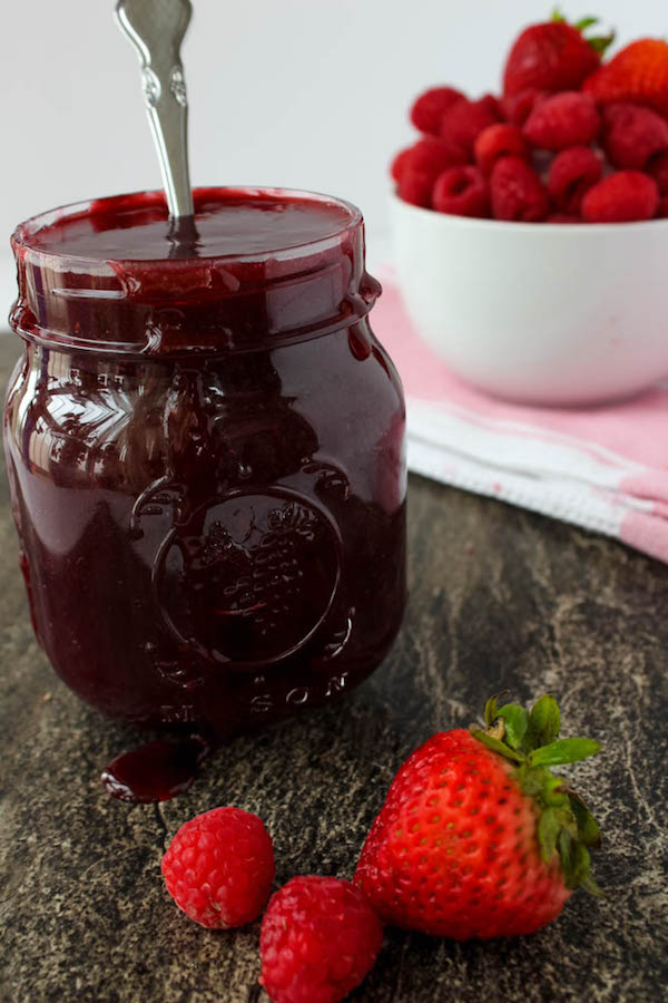Homemade Strawberry-Raspberry Sauce. Only 6 ingredients!