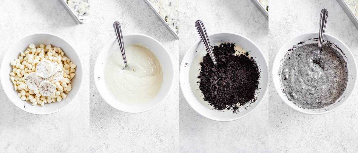 four photo collage - image 1: white chocolate chips and Oreo cream filling in a bowl. Image 2: melted white chocolate. Image 3: adding Oreo crumbs to bowl. Image 4: combined white chocolate and cookie crumbs.