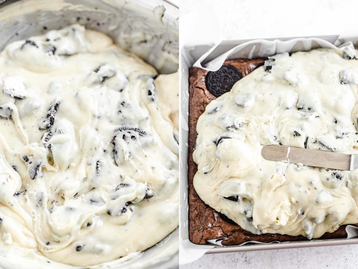 two photo collage of cookies and cream fudge in a bowl and being spread onto brownies