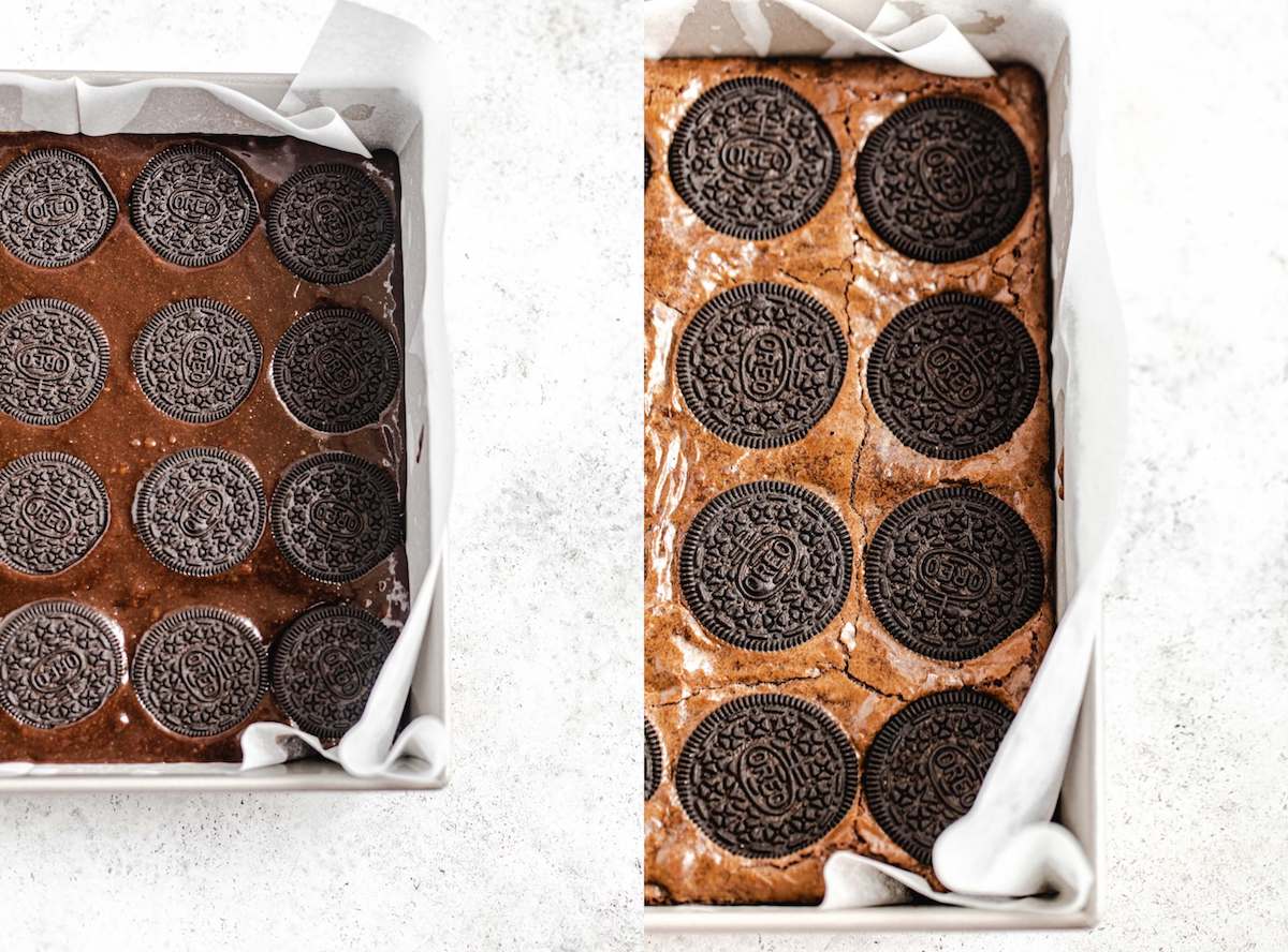 before and after photos of unbaked and baked brownies with Oreos on top