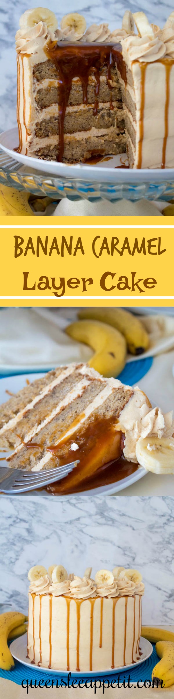 Moist and fluffy Banana cake, filled and frosted with creamy caramel buttercream, and topped with delicious homemade caramel sauce and sliced bananas. This Banana Caramel Layer Cake is the perfect dessert for birthdays, dinner parties, or any occasion!