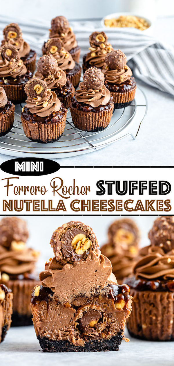 mini nutella cheesecakes stuffed with Ferrero rochers and topped with nutella hazelnut ganache, chocolate whipped cream and chopped hazelnuts 