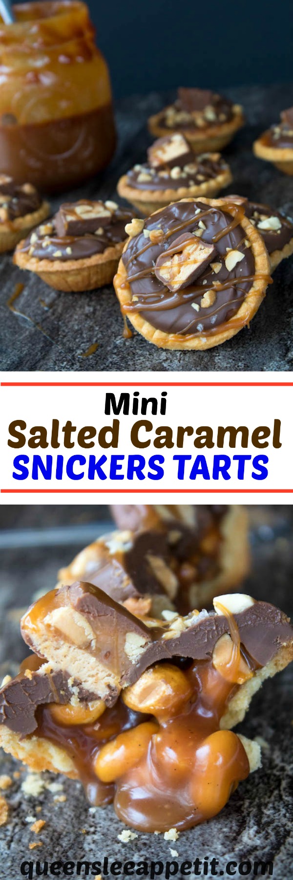 Mini Salted Caramel Snickers Tarts! Mini pre-baked tart shells with a salted caramel peanut filling and a chocolate peanut butter topping. Finish it off with chopped snickers and more peanuts, and you have the easiest/most decadent and delicious, bite-sized dessert!