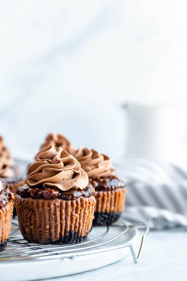 mini nutella cheesecakes stuffed with Ferrero rochers and topped with nutella hazelnut ganache, chocolate whipped cream and chopped hazelnuts 