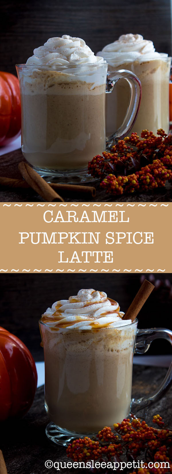 This Caramel Pumpkin Spice Latte is rich, creamy and loaded with pumpkin flavour. Whole milk flavoured with pumpkin purée, spices and caramel, then blended with freshly brewed espresso. This is the perfect drink for the fall season.