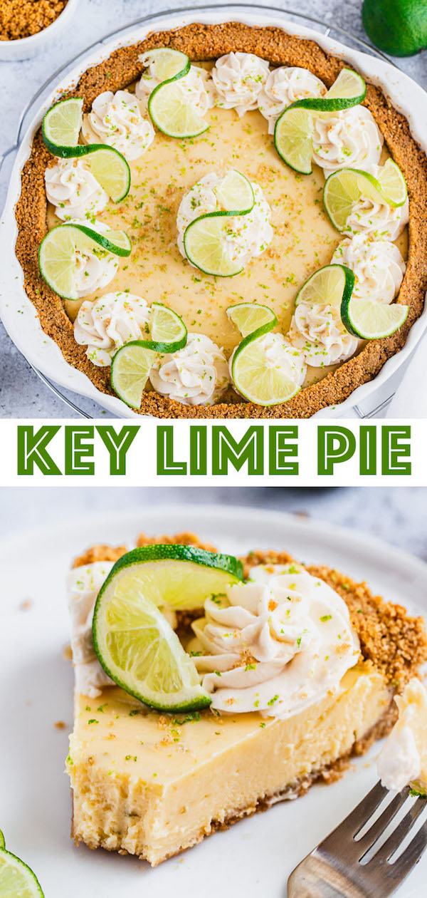 this key lime pie is made with a lime flavoured graham cracker crust, key lime pie filling and decorated with whipped cream, graham cracker crumbs, lime zest and lime twists