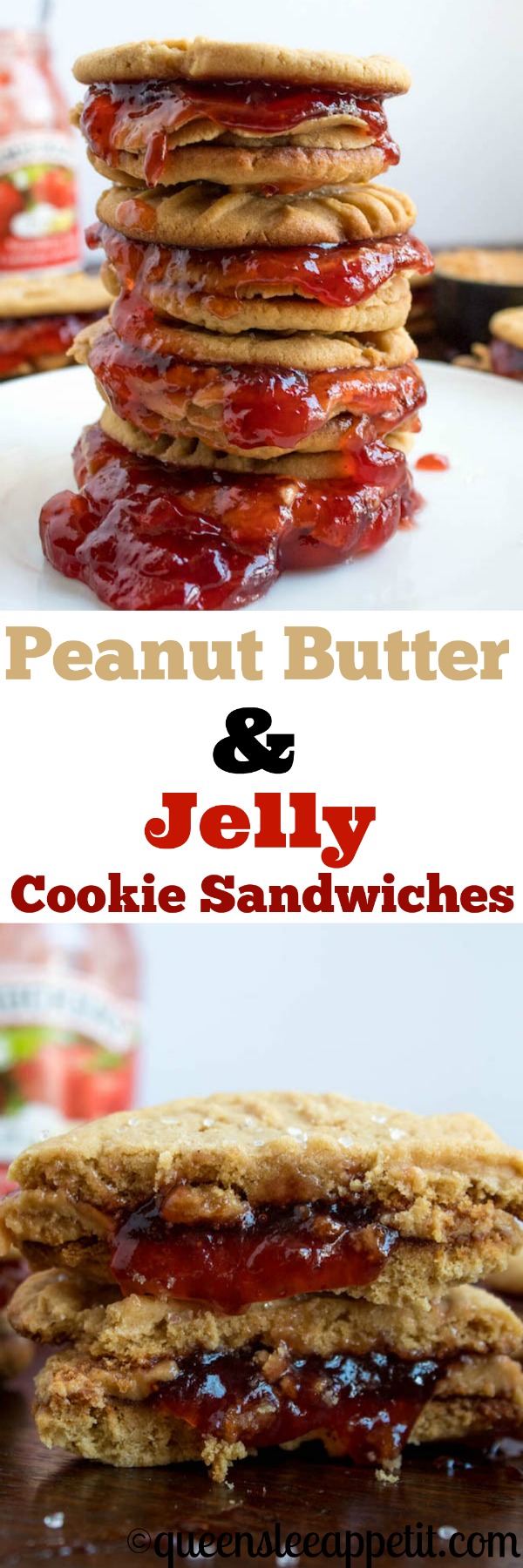 Soft and chewy peanut butter cookies filled with peanut butter frosting and strawberry jam. These Peanut Butter and Jelly Cookie Sandwiches are a sweet and amazing twist to the classic childhood favourite!