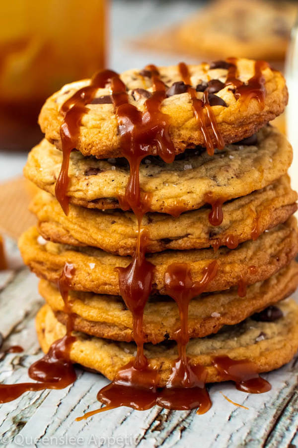 These Salted Caramel Chocolate Chip Cookies are perfectly soft and chewy and are stuffed with gooey caramel and garnished with sea salt! Classic Chocolate Chip Cookie + Salted Caramel = a match made in cookie heaven!