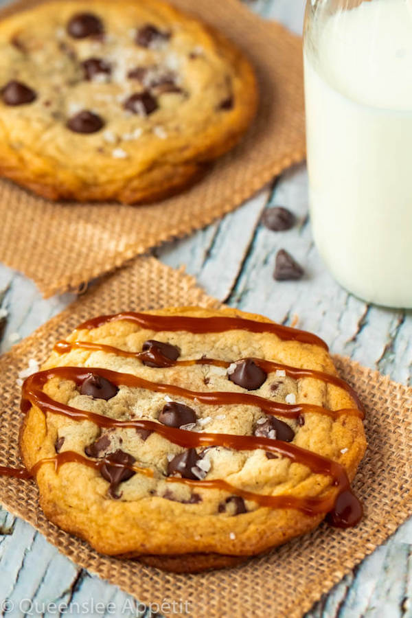 These Salted Caramel Chocolate Chip Cookies are perfectly soft and chewy and are stuffed with gooey caramel and garnished with sea salt! Classic Chocolate Chip Cookie + Salted Caramel = a match made in cookie heaven!