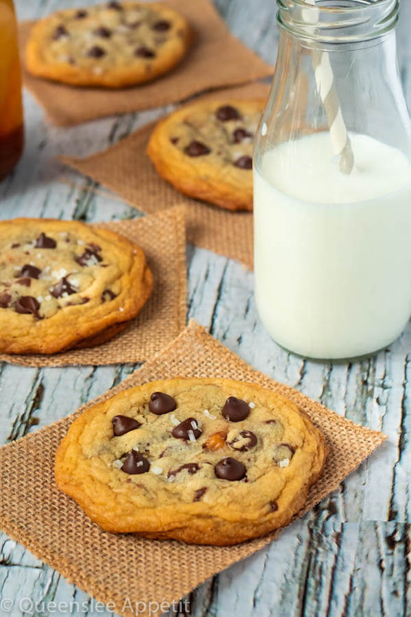 These Salted Caramel Chocolate Chip Cookies are perfectly soft and chewy and are stuffed with gooey caramel and garnished with sea salt! Classic Chocolate Chip Cookie + Salted Caramel = a match made in cookie heaven!