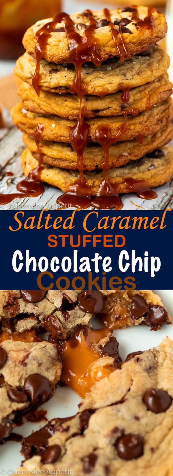 These Salted Caramel Chocolate Chip Cookies are perfectly soft and chewy and are stuffed with gooey caramel and garnished with sea salt! Classic Chocolate Chip Cookie + Salted Caramel = a match made in cookie heaven!