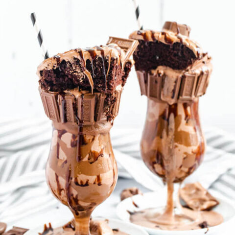 chocolate milkshake topped with chocolate cake, chocolate truffles, chocolate sauce and a milk chocolate rim!