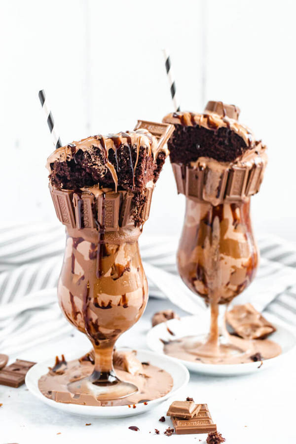 chocolate milkshake topped with chocolate cake, chocolate truffles, chocolate sauce and a milk chocolate rim!