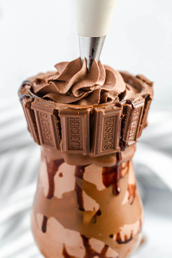 chocolate milkshake topped with chocolate cake, chocolate truffles, chocolate sauce and a milk chocolate rim!