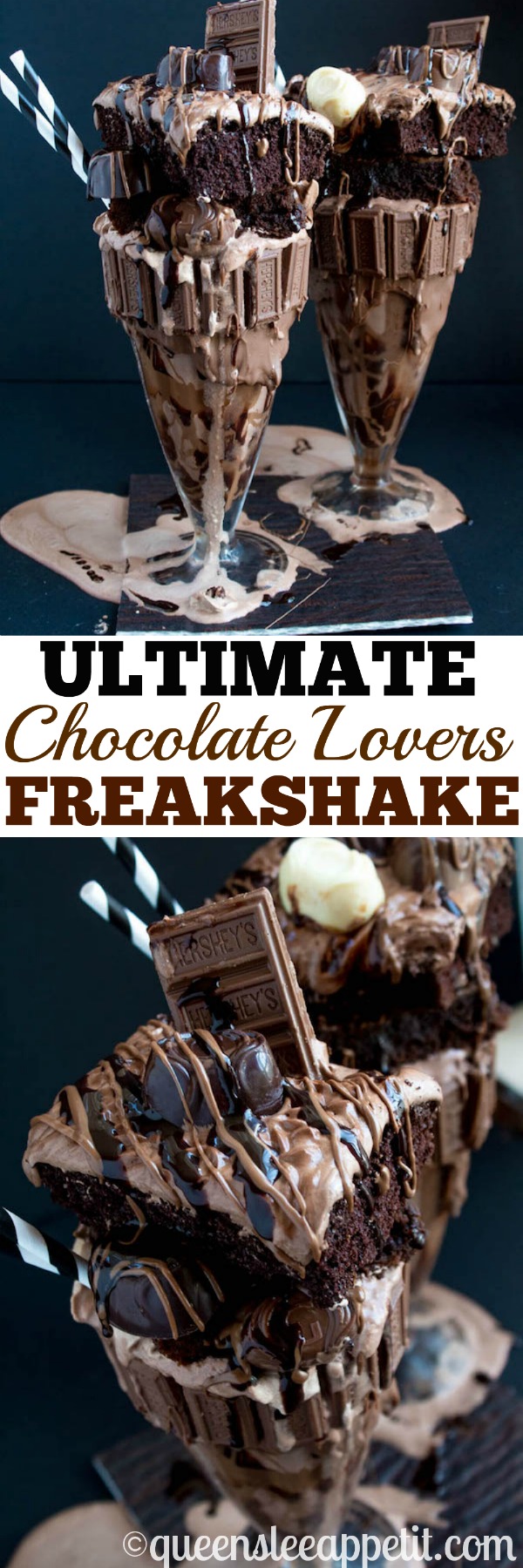 Chocolate Lovers, welcome! This is the chocolatiest, chocolatey, chocolate milkshake of all time. Oops, did I say "milkshake"? I meant FREAKSHAKE! Warning: this recipe is not for the faint of heart.