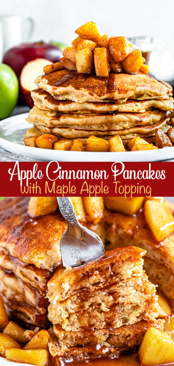 apple cinnamon pancakes topped with maple cinnamon apple topping