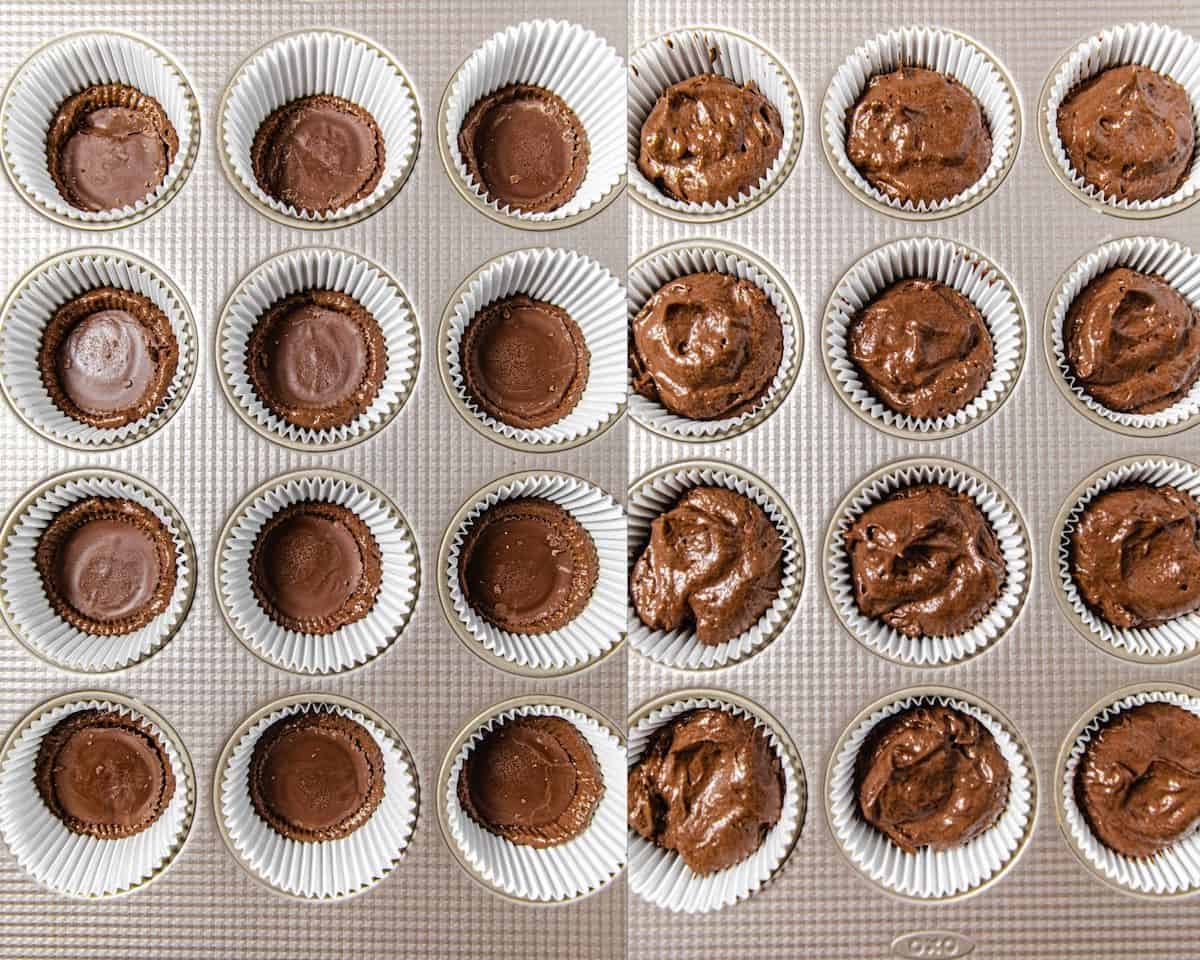 two photo collage showing Reese's cups in cupcake liners and chocolate cupcake batter in the liners on the right