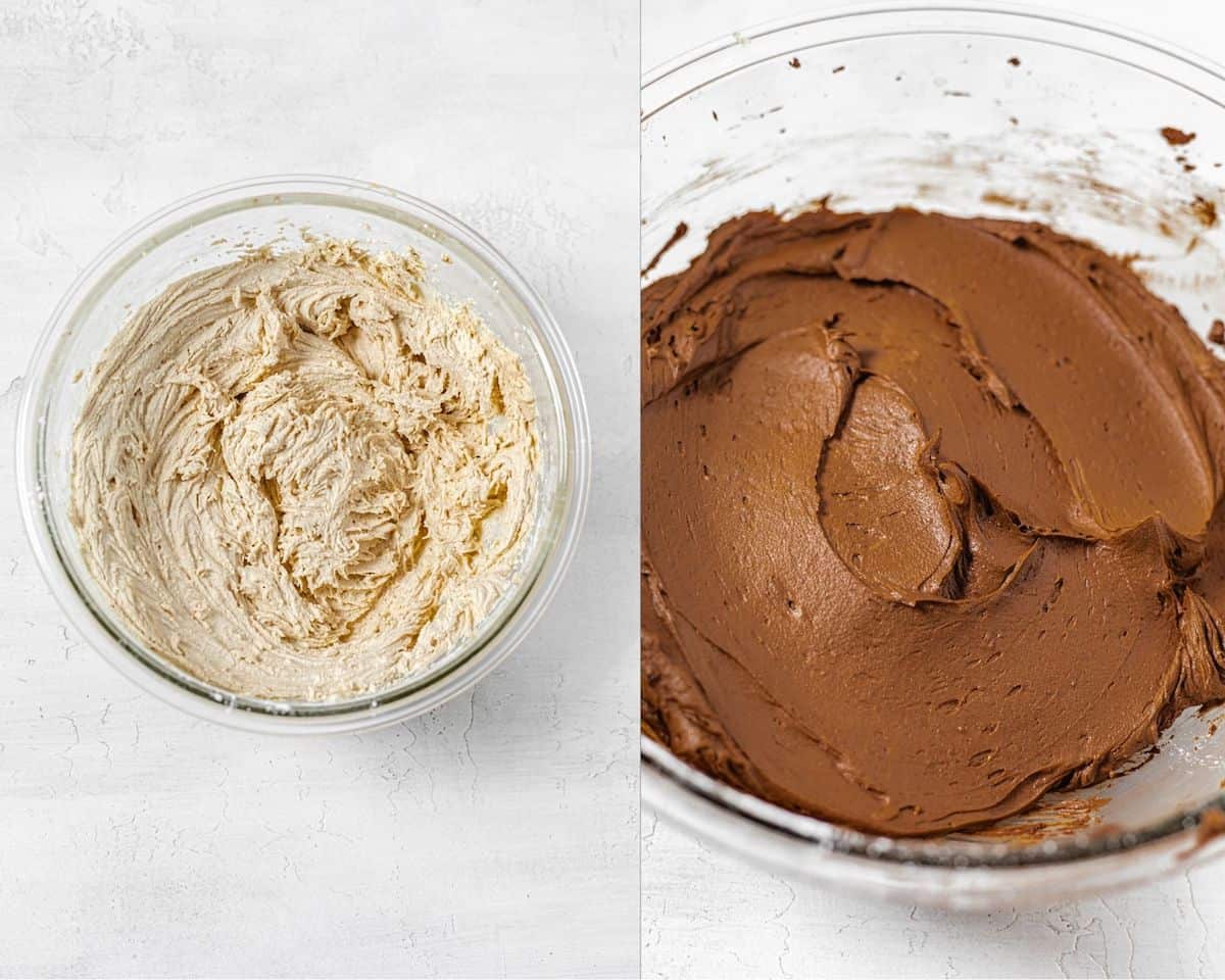 two photo collage of a glass bowl of peanut butter frosting on the left and chocolate frosting on the right