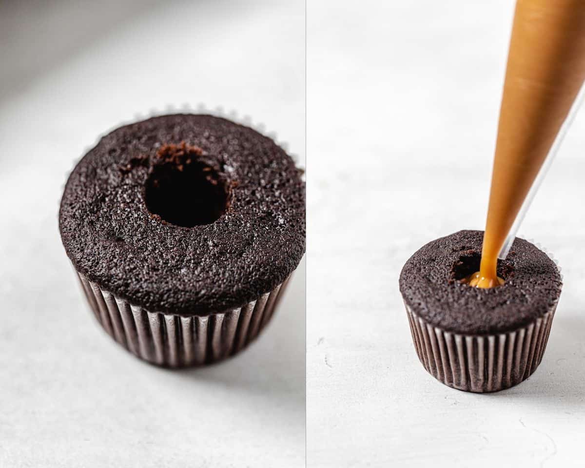 two photo collage of cored cupcake on the left and disposable piping bag piping ganache into the cupcake on the right