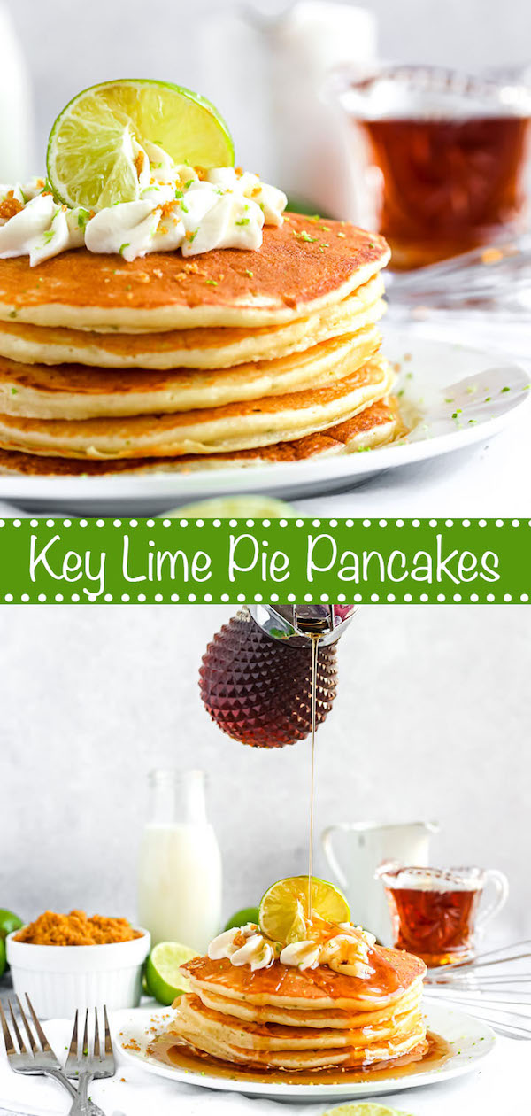 lime pancakes with whipped cream, graham cracker crumbs, lime zest and a lime twist on top