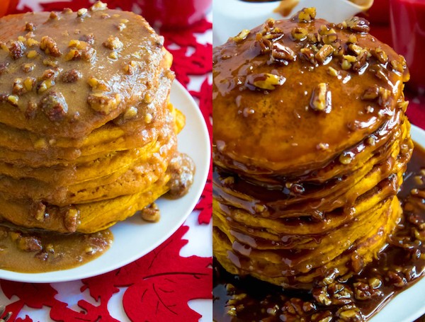 These Pumpkin Pancakes are light, fluffy and has the perfect amount of pumpkin and spice flavour! Topped with a rich and delicious Maple Pecan Praline Syrup, these irresistible pancakes are the perfect fall breakfast!