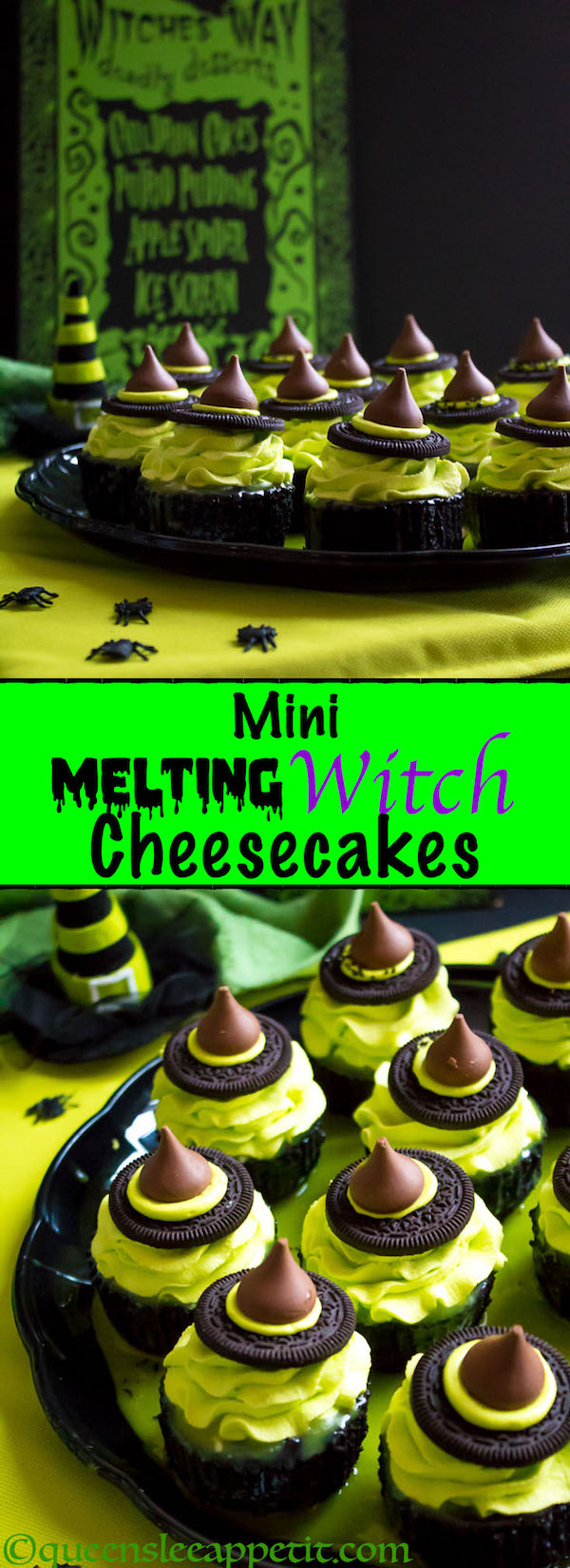 These Mini Melting Witch Cheesecakes are cute, fun and easy to make. They're the perfect dessert to serve at your Halloween party!