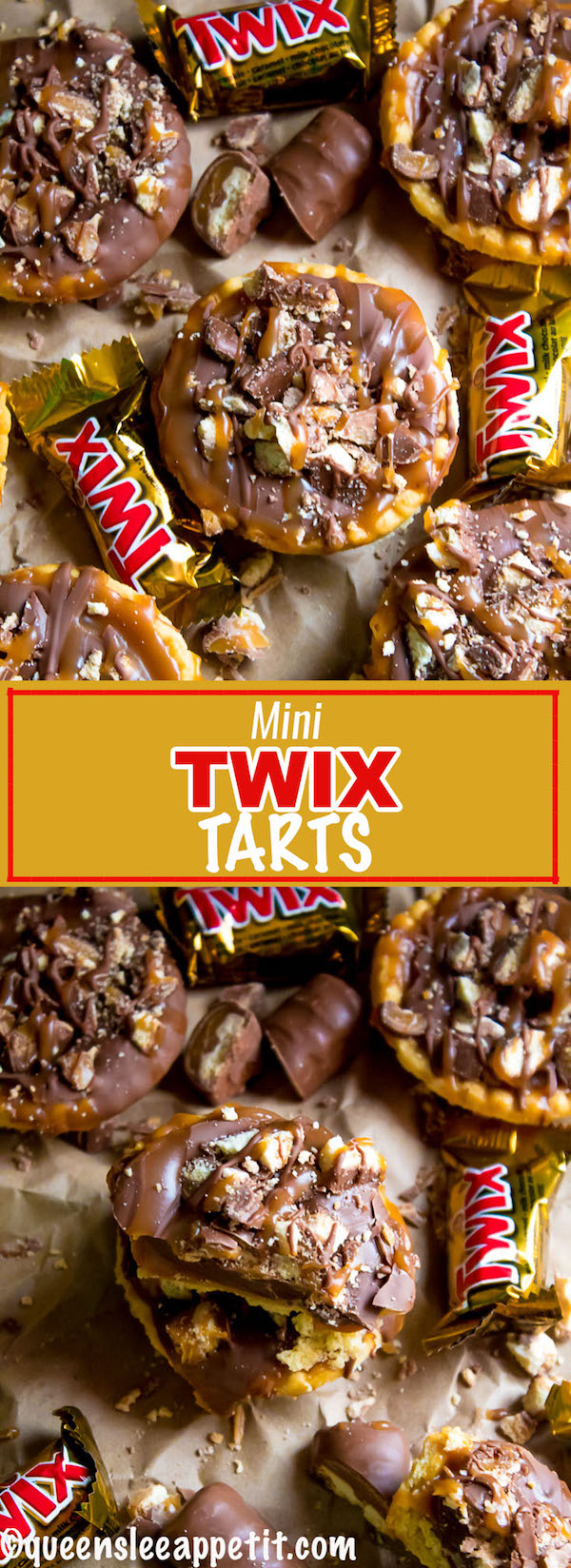 These Mini Twix Tarts taste just like a Twix bar! Mini pre-baked tart shells filled with homemade caramel sauce and topped with milk chocolate and chopped Twix bars. If you love Twix candy bars then this is the perfect treat for you!