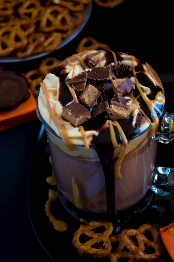 This quick and easy Peanut Butter Hot Chocolate tastes just like a peanut butter cup in liquid form! Top it off with peanut butter whipped cream, chopped peanut butter cups, and a drizzle of chocolate sauce and melted peanut butter for the ultimate PB and Chocolate drink!