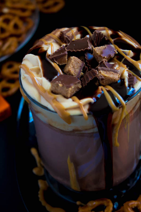 This quick and easy Peanut Butter Hot Chocolate tastes just like a peanut butter cup in liquid form! Top it off with peanut butter whipped cream, chopped peanut butter cups, and a drizzle of chocolate sauce and melted peanut butter for the ultimate PB and Chocolate drink!