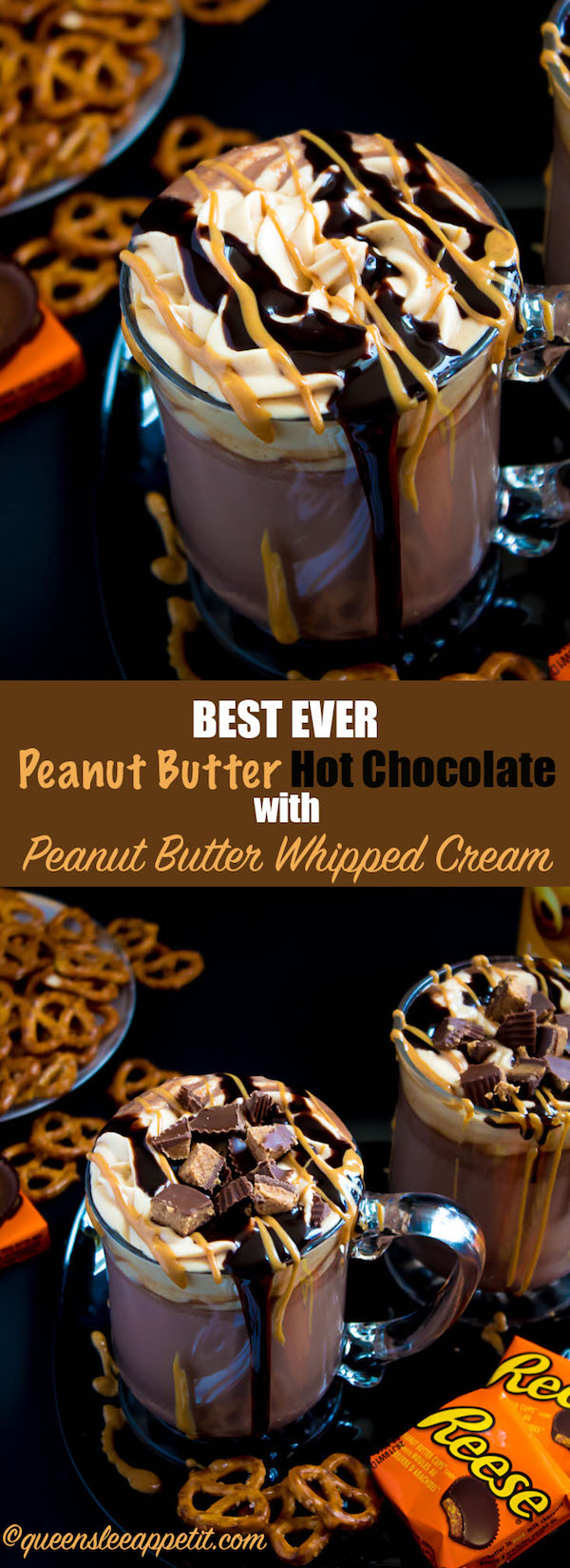 This quick and easy Peanut Butter Hot Chocolate tastes just like a peanut butter cup in liquid form! Top it off with peanut butter whipped cream, chopped peanut butter cups, and a drizzle of chocolate sauce and melted peanut butter for the ultimate PB and Chocolate drink!