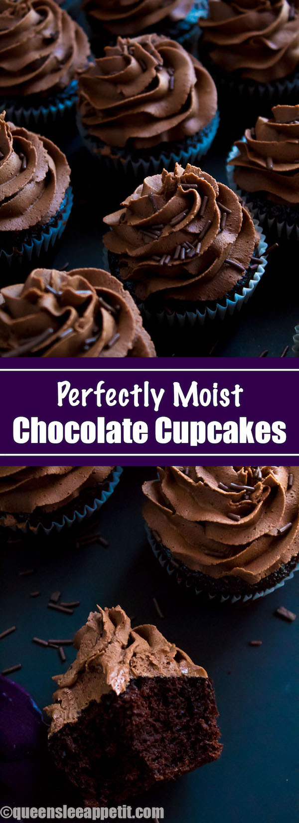 These Chocolate Cupcakes are perfectly moist, fluffy and full of rich chocolate flavour! Topped with a silky and dreamy Chocolate Buttercream Frosting - these cupcakes are the perfect treat for chocoholics.