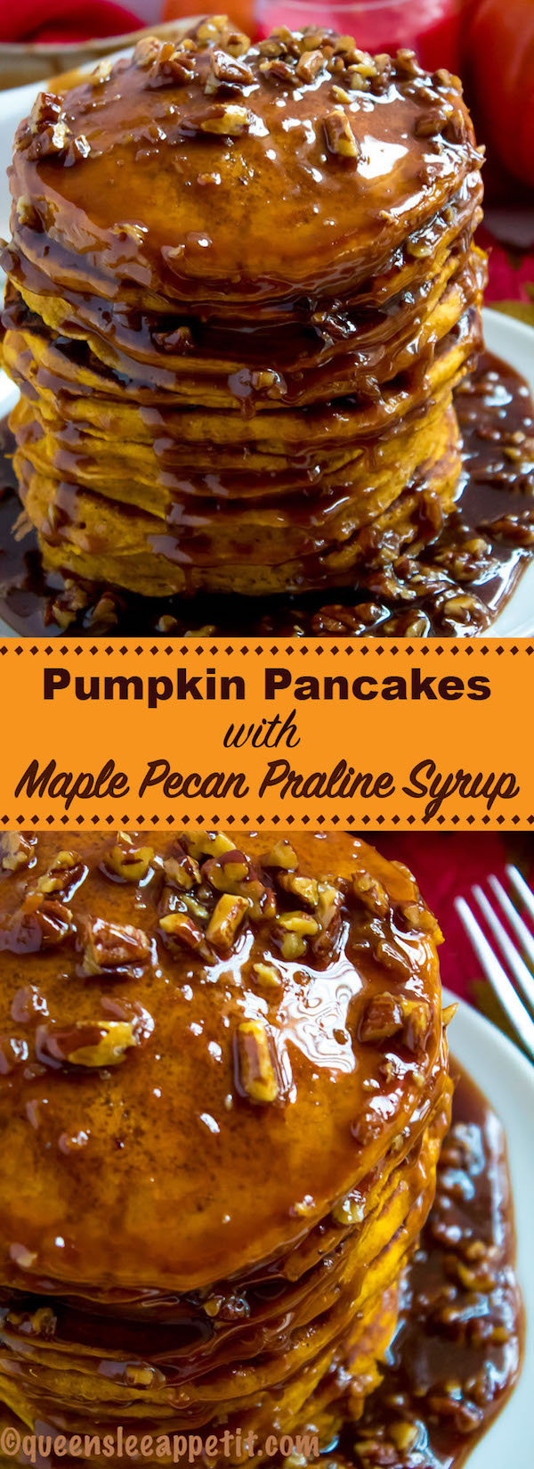 These Pumpkin Pancakes are light, fluffy and has the perfect amount of pumpkin and spice flavour! Topped with a rich and delicious Maple Pecan Praline Syrup, these irresistible pancakes are the perfect fall breakfast! 