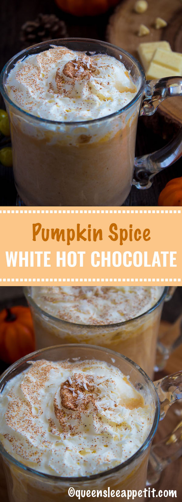 This Pumpkin Spice White Hot Chocolate is rich, smooth and creamy. Packed with classic fall flavours, this is the perfect beverage for warming up to the crisp autumn air.