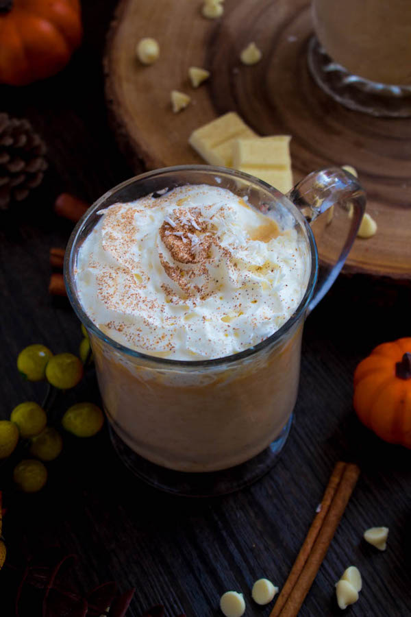 This Pumpkin Spice White Hot Chocolate is rich, smooth and creamy. Packed with classic fall flavours, this is the perfect beverage for warming up to the crisp autumn air.