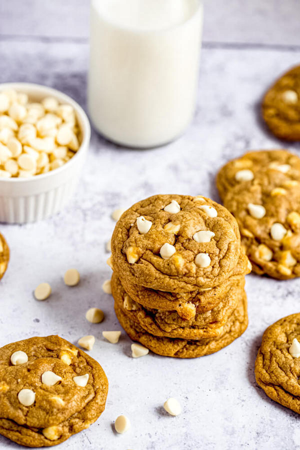 stack of white chocolate chip pumpkin cookies 