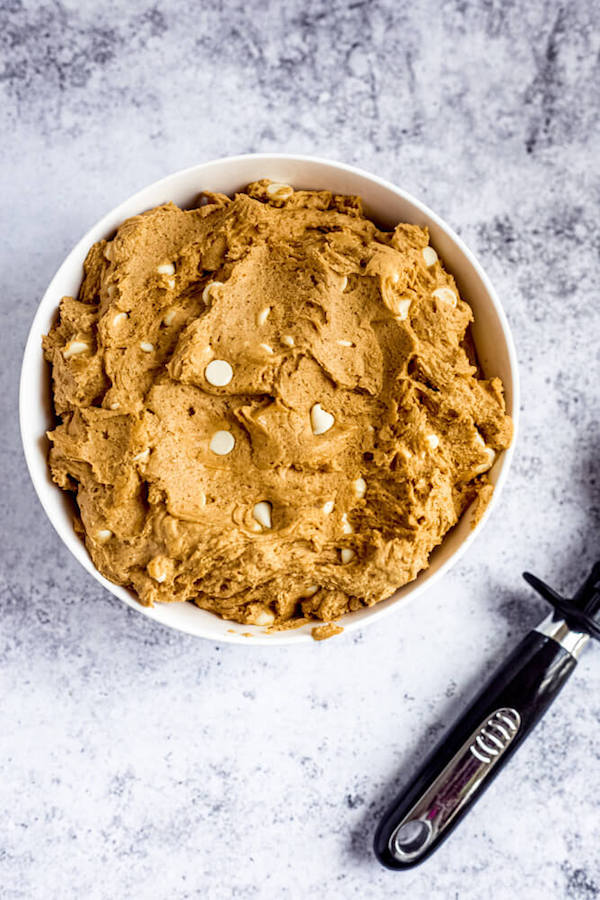 white chocolate chip pumpkin cookie dough in a bowl