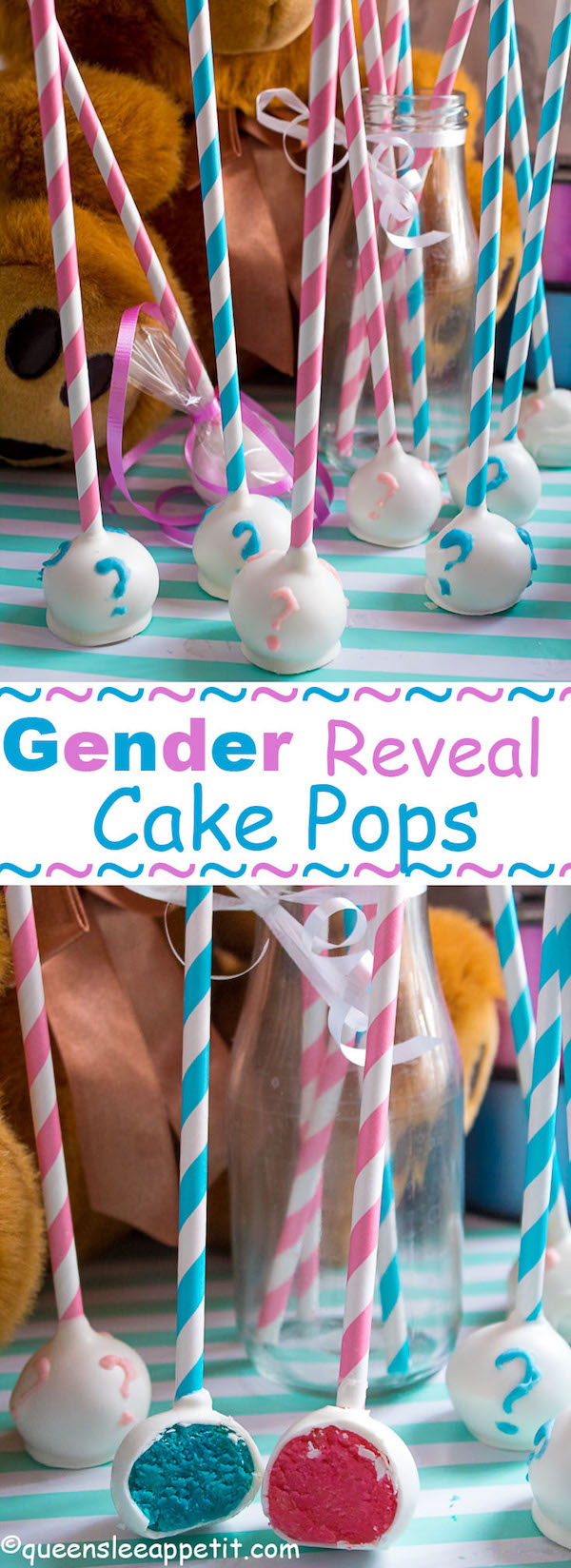 These Gender Reveal Cake Pops are a fun and cute way to surprise your baby shower guests! Once they bite into it, the pink or blue cake inside will reveal if it's a boy or girl!