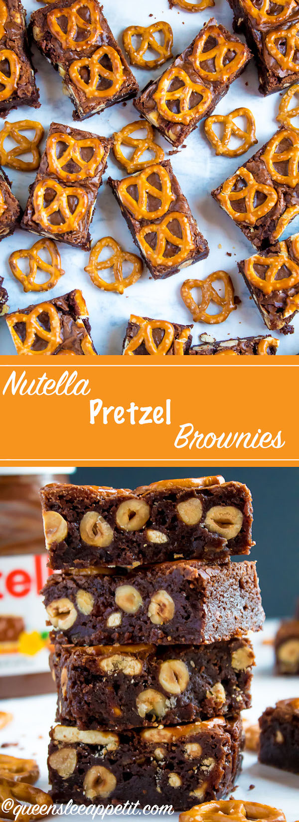 Salty meets sweet in these Nutella Pretzel Brownies! A perfectly fudgy Nutella brownie with roasted hazelnuts and salty pretzels mixed in. This decadent dessert will satisfy all of your salty and sweet cravings!