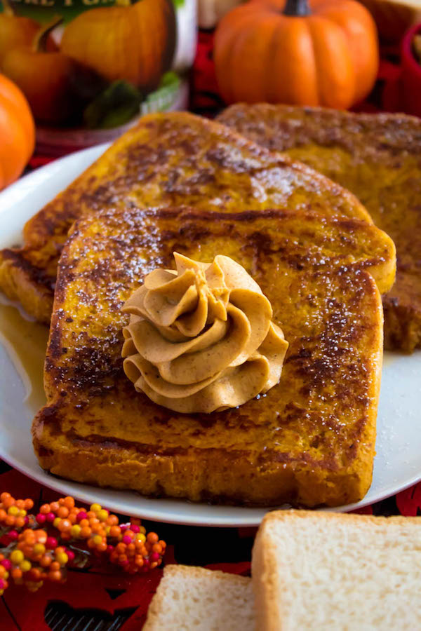 Enjoy thick slices of Pumpkin French Toast perfect for fall mornings. Serve with a dust of powdered sugar, a drizzle of pure maple syrup and a dollop of Whipped Pumpkin Spice Honey Butter!