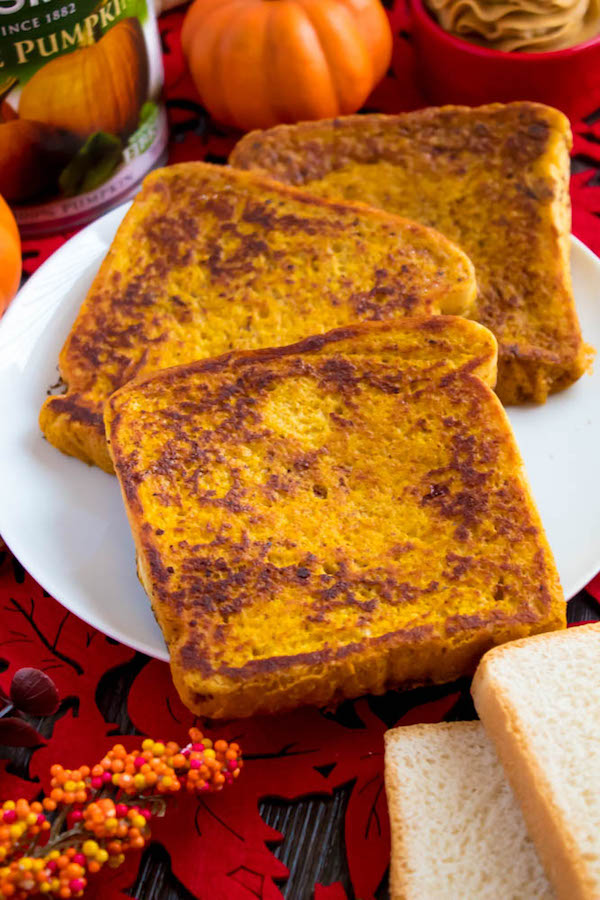 Enjoy thick slices of Pumpkin French Toast perfect for fall mornings. Serve with a dust of powdered sugar, a drizzle of pure maple syrup and a dollop of Whipped Pumpkin Spice Honey Butter!