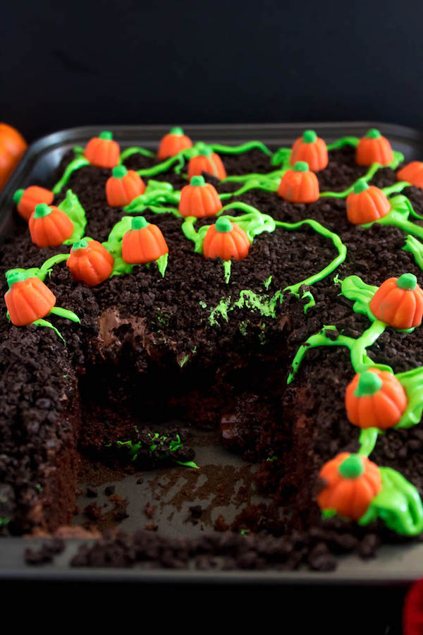 This Pumpkin Patch Poke Cake is super fun, easy and festive! This cute dessert would be a great treat to serve after Thanksgiving dinner!