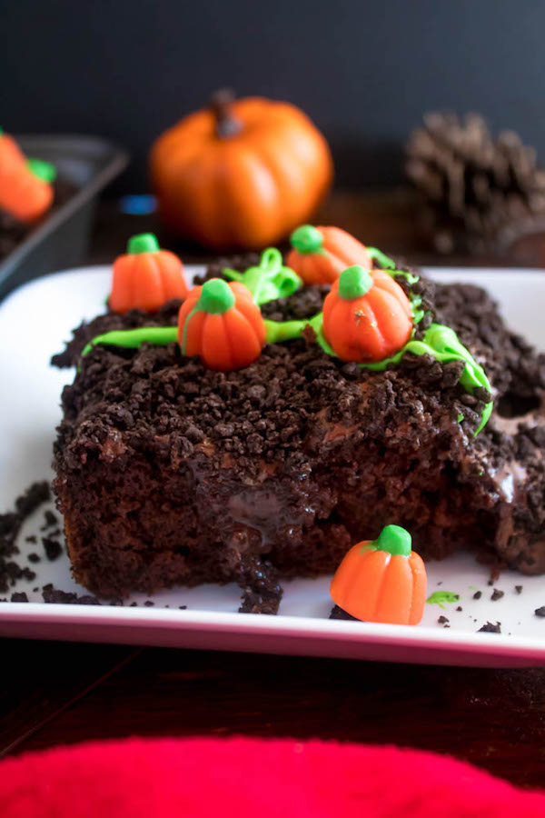 This Pumpkin Patch Poke Cake is super fun, easy and festive! This cute dessert would be a great treat to serve after Thanksgiving dinner!