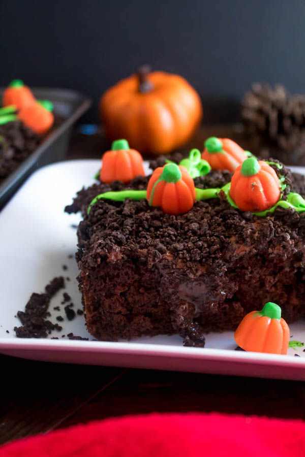 This Pumpkin Patch Poke Cake is super fun, easy and festive! This cute dessert would be a great treat to serve after Thanksgiving dinner!