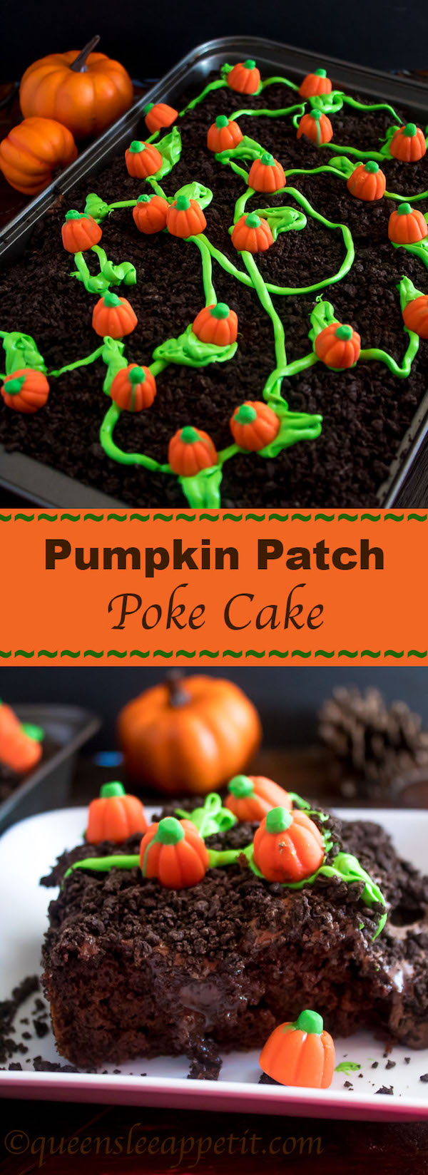 This Pumpkin Patch Poke Cake is super fun, easy and festive! This cute dessert would be a great treat to serve after Thanksgiving dinner!