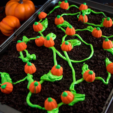 This Pumpkin Patch Poke Cake is super fun, easy and festive! This cute dessert would be a great treat to serve after Thanksgiving dinner!