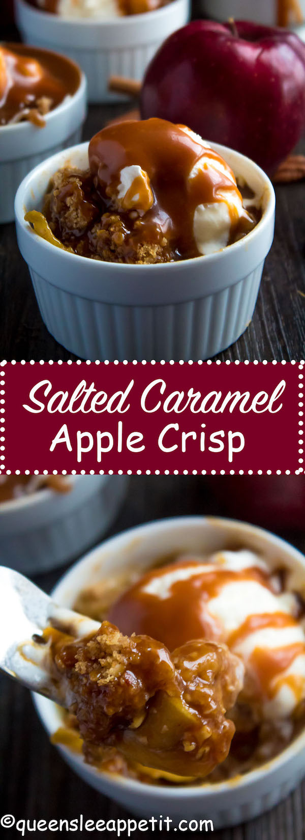 Salted Caramel Apple Crisp – Fresh apples, tossed with sugar and spices, blanketed under a layer of salted caramel sauce and topped with a crispy oatmeal-pecan crumble! This salty and sweet treat is the perfect dessert for Fall and Thanksgiving!