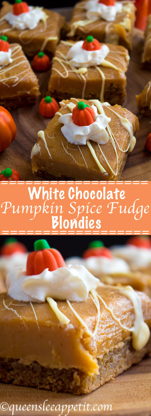 These White Chocolate Pumpkin Spice Fudge Blondies consist of a spiced blondie and white chocolate pumpkin spice fudge on top! These delicious pumpkin bars are the perfect treat for fall and Thanksgiving! 