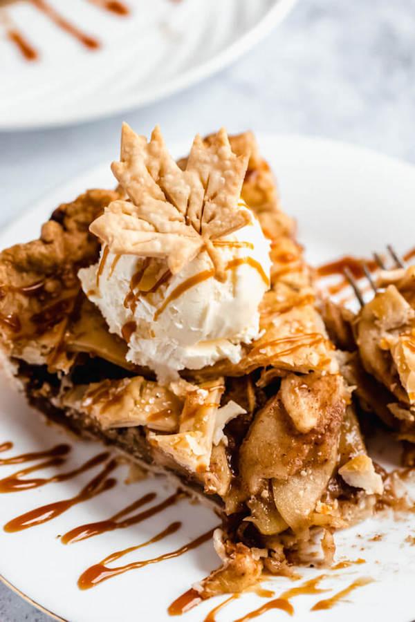 close up slice of apple pie